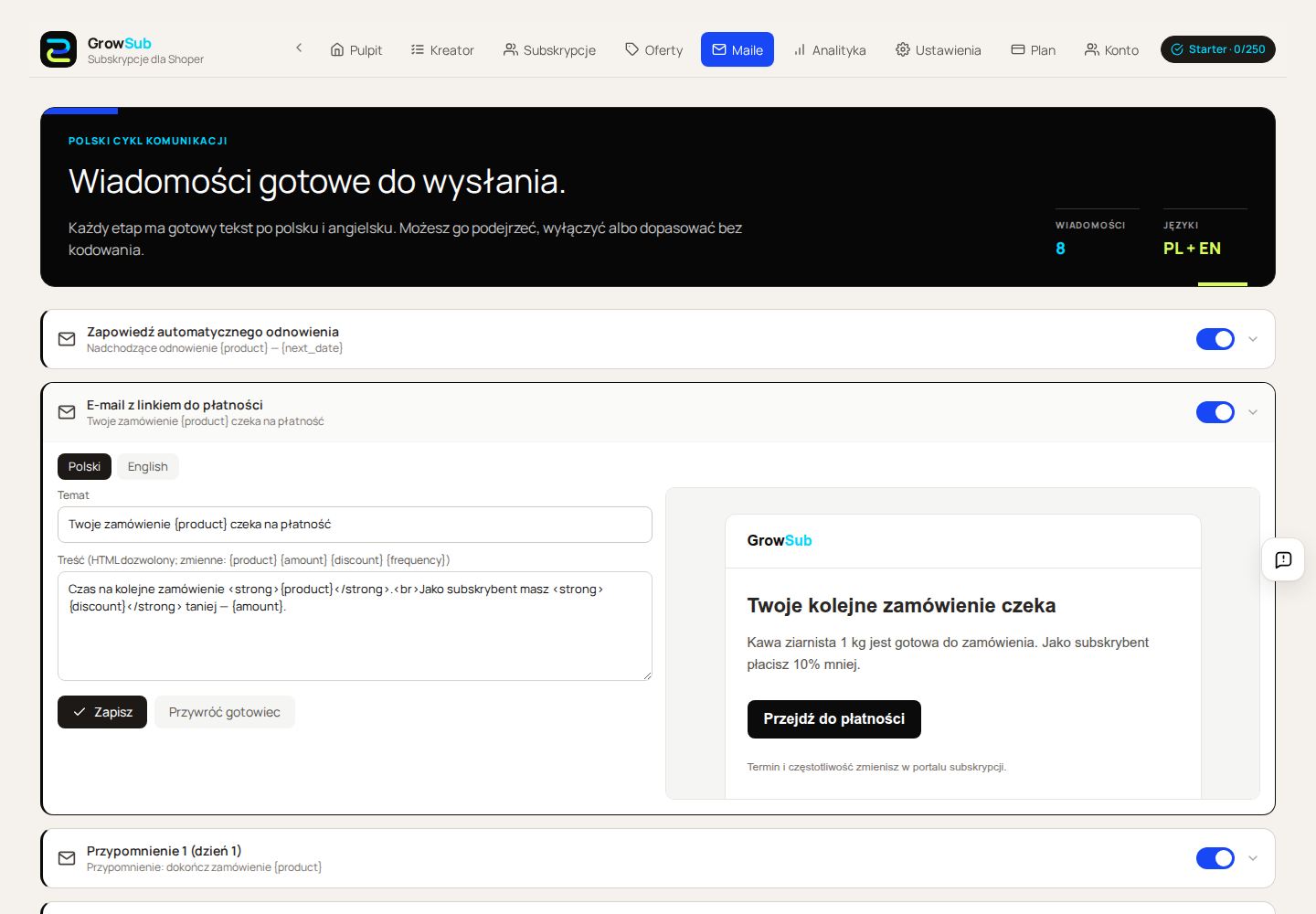 Ustawienia wiadomości e-mail GrowSub