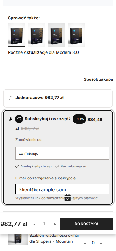 Czarny domyślny widget subskrypcji w sklepie Shoper RWD