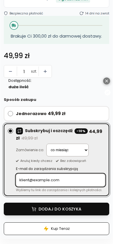 Czarny domyślny widget subskrypcji w Shoper Storefront